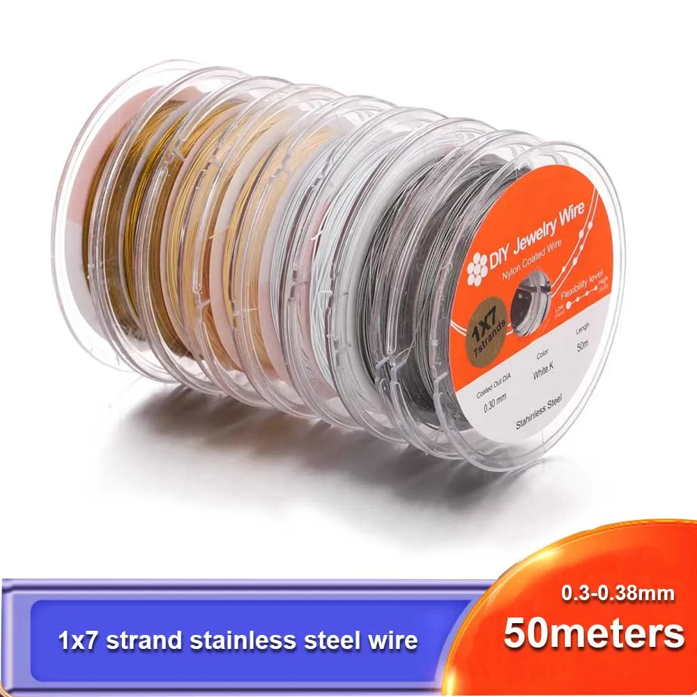 

50m Roll 0.3/0.38mm White Rhodium Golden Steel Wire, Nylon Coated Beading Wire for Artisan Craft DIY Bracelet Findings Supplies