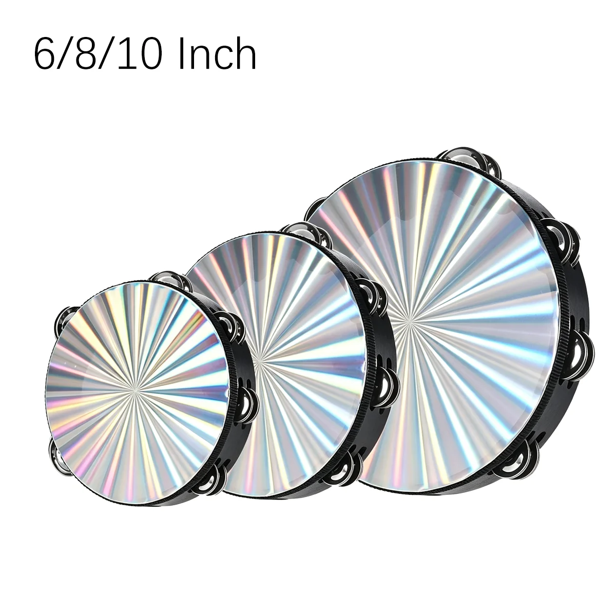 Miwayer 6/8/10 inch Radiant Hand Drum Tambourine with Double Row Jingles Reflective Drum Head Musical Handbell Percussion