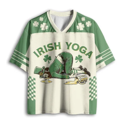 Irish Yoga Leprechaun Clover Print Men V Neck Mesh Jersey St Patrick Day Short Sleeve Tops