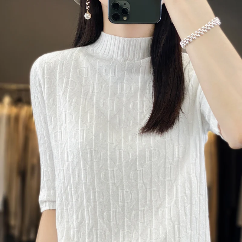 2023 spring, summer and autumn new women\'s pullover cashmere fashion letter five-quarter sleeve casual half-high collar fashion