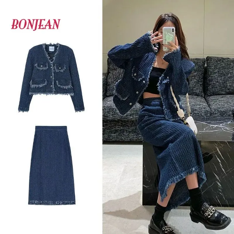 Demin Two Pieces Women Sets Chic Button Long Sleeve Jacket Skirt Tops + High Waist A-line Tassels Bodycon 2022 Set Fashion