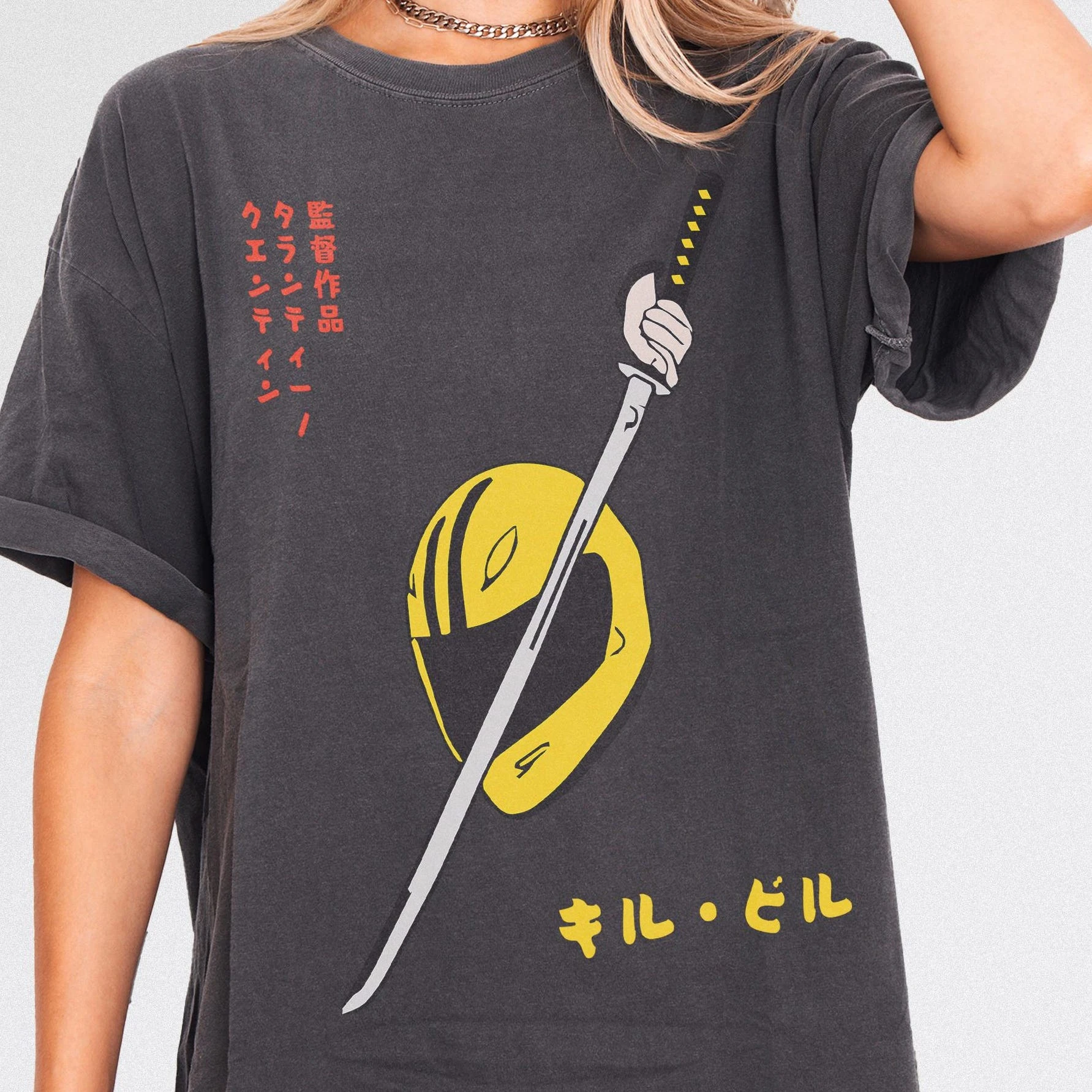 Bill Movie Art Pattern Printed Pure Cotton T-shirt for Men and Women, Retro Samurai Sword Japanese Killing Movie T-shirt