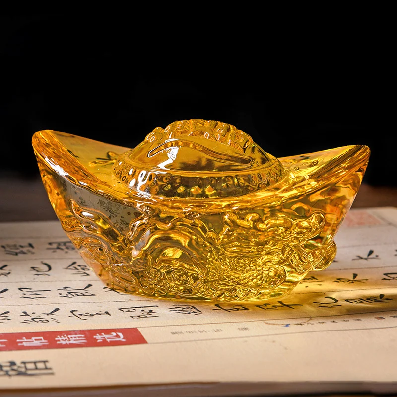 〔W〕Chinese Style Citrine Ingot Gold Crystal Glass Colored Glaze Wealth Money Feng Shui Craft Figurines Home Decor〔Winter1〕