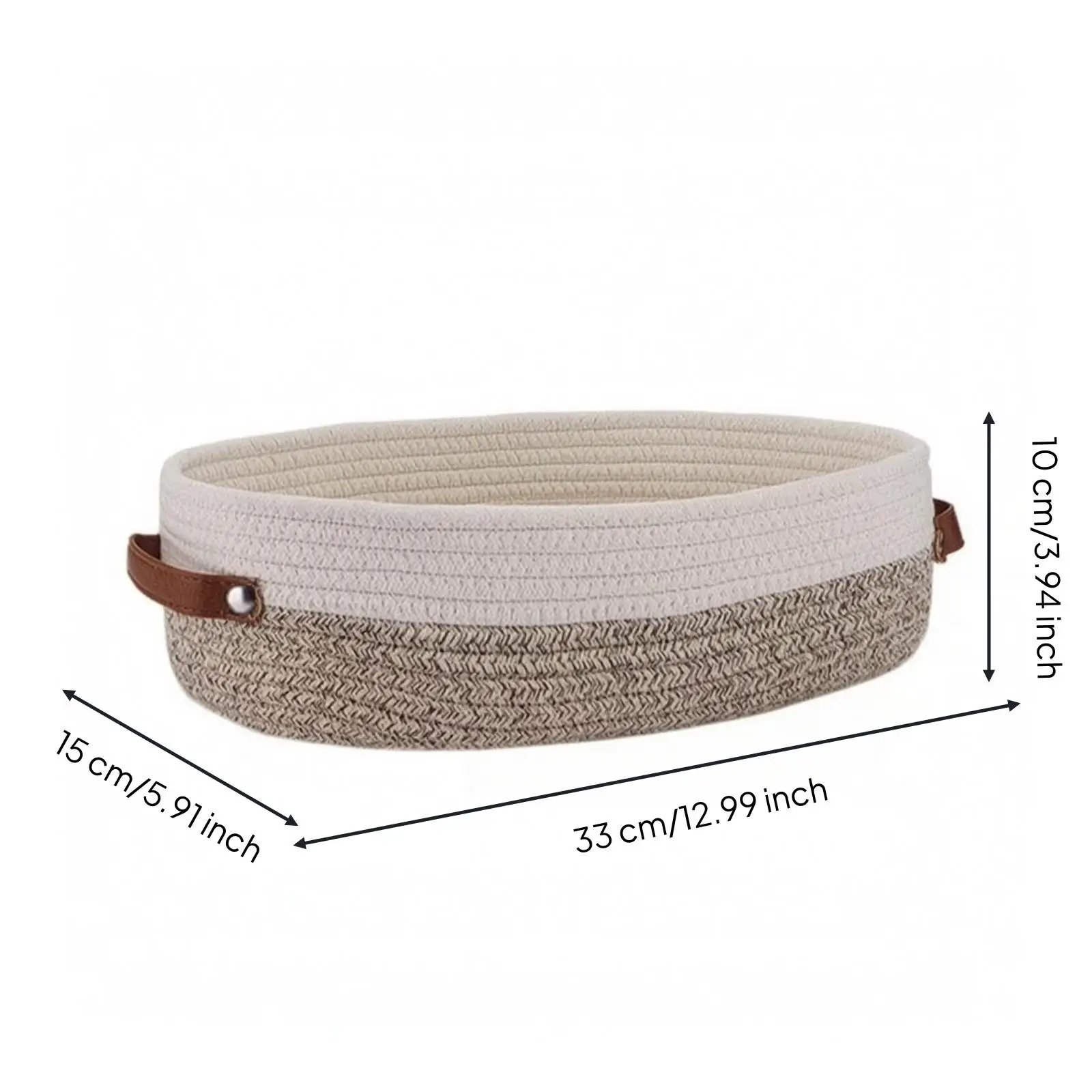 Decorative Braided Storage Basket with Leather Handles for Vanity Organization and Household Cleanup