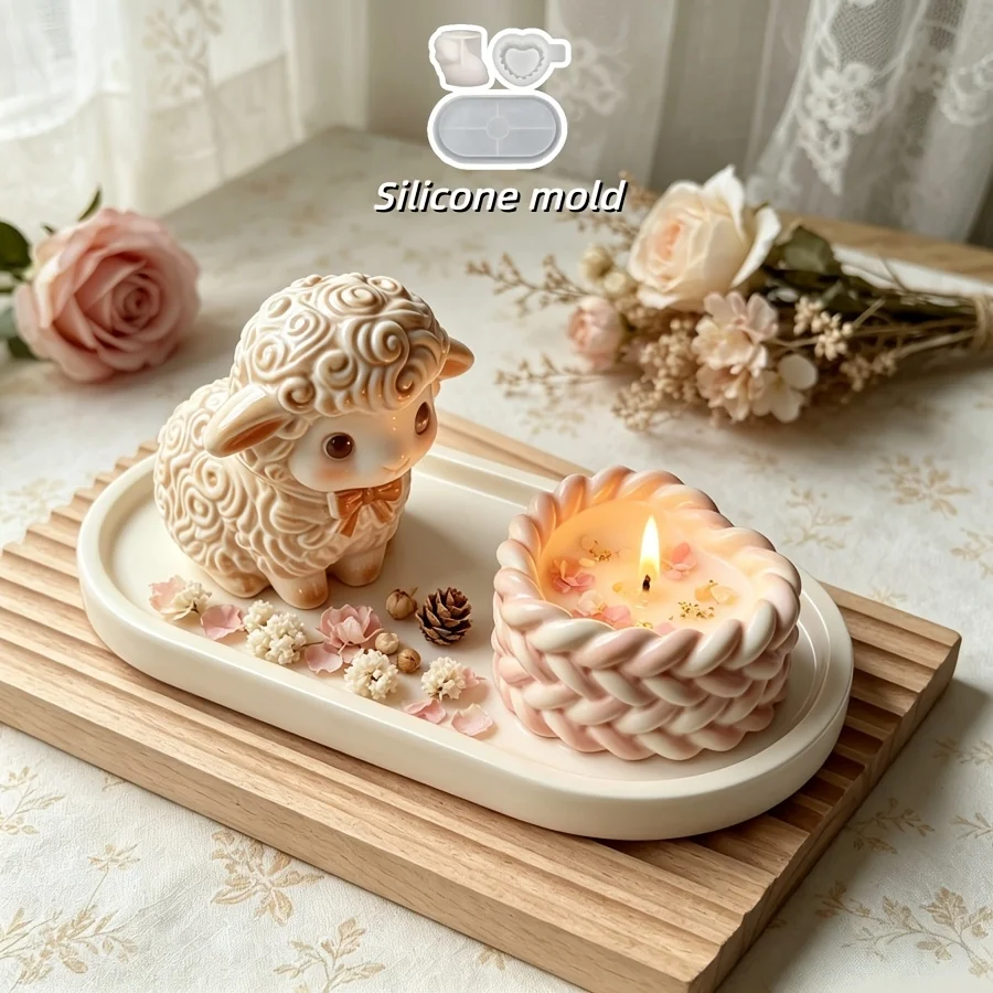 3pcs Christmas Curled Wool Sheep Heart Woven Flower Pot Oval Tray Silicone Mold Set, Drip Resin Silicone,Home Decoration,Crafts,