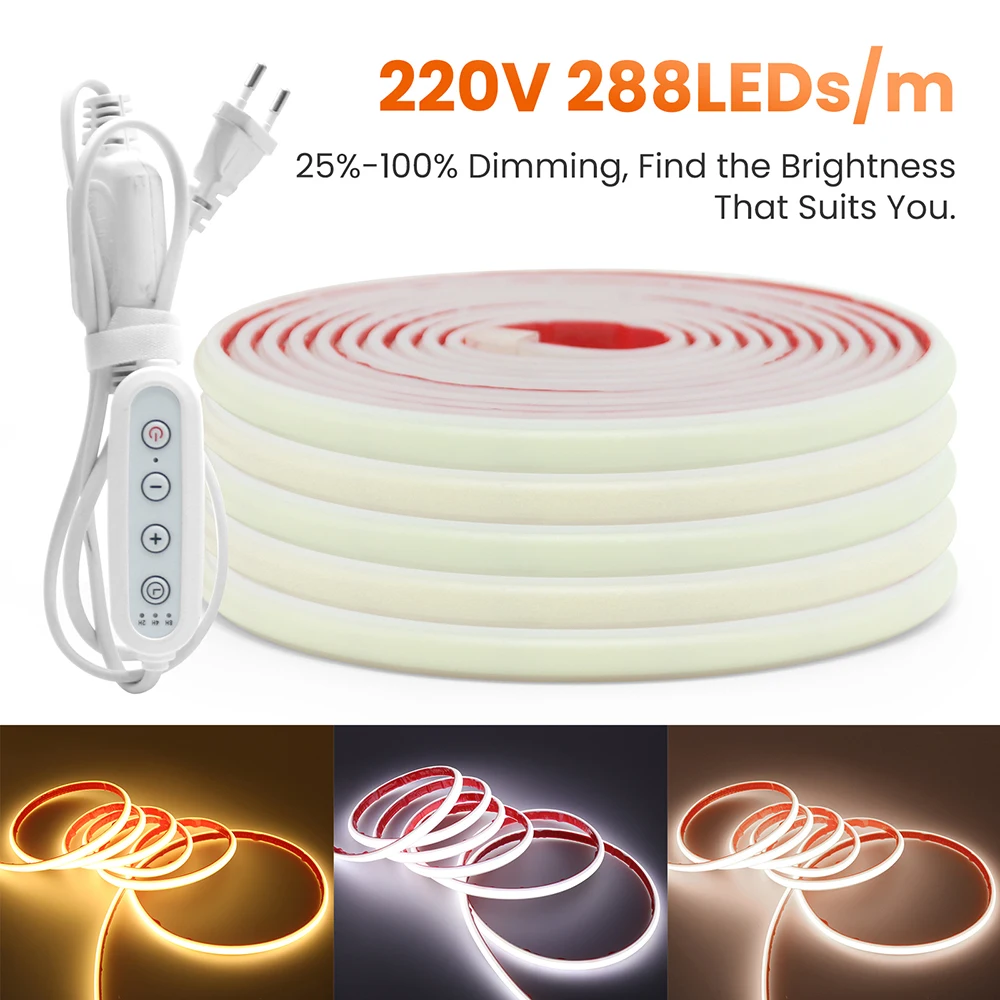 220V Dimmable COB Led Strip Light Dimmer Switch Power Plug Kit 288 LED Adhesive Tape Flexible Silicone Tube Lamp Linear Lighting