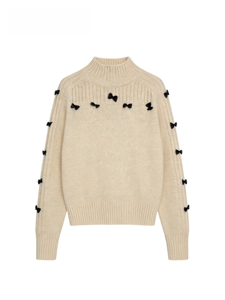 

Cara CLUB plus Size High Ne Long Sve Knitted Sweater Women's Autumn Winter New Sle Fat Sister Design Knot Top