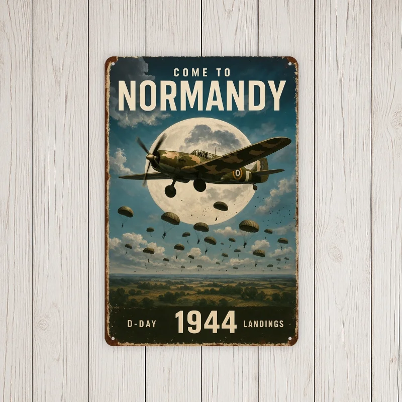 Vintage WWII D-Day 1944 Normandy Landings Metal Sign -   Iron Wall Art with Paratroopers & Military Plane Design, Weather-Resis