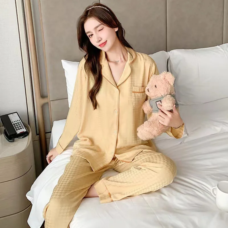 Fall Winter Casual Plaid Nightwear Women Patterned Silk Sleepwear Long-Sleeved Loose Home Wear Large Size Sleepwear 2PCS/Set