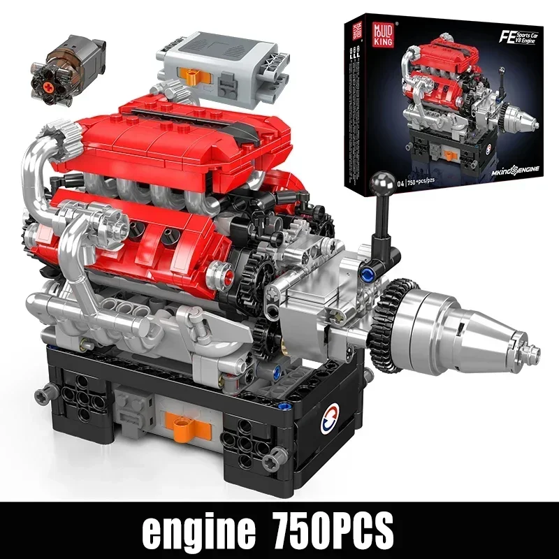 MOULD KING 10204 V8 Engine Model Building Kit-750pcs Motorized Sports Car Engine with Battery Box & M Motor for Adults Kids DIY