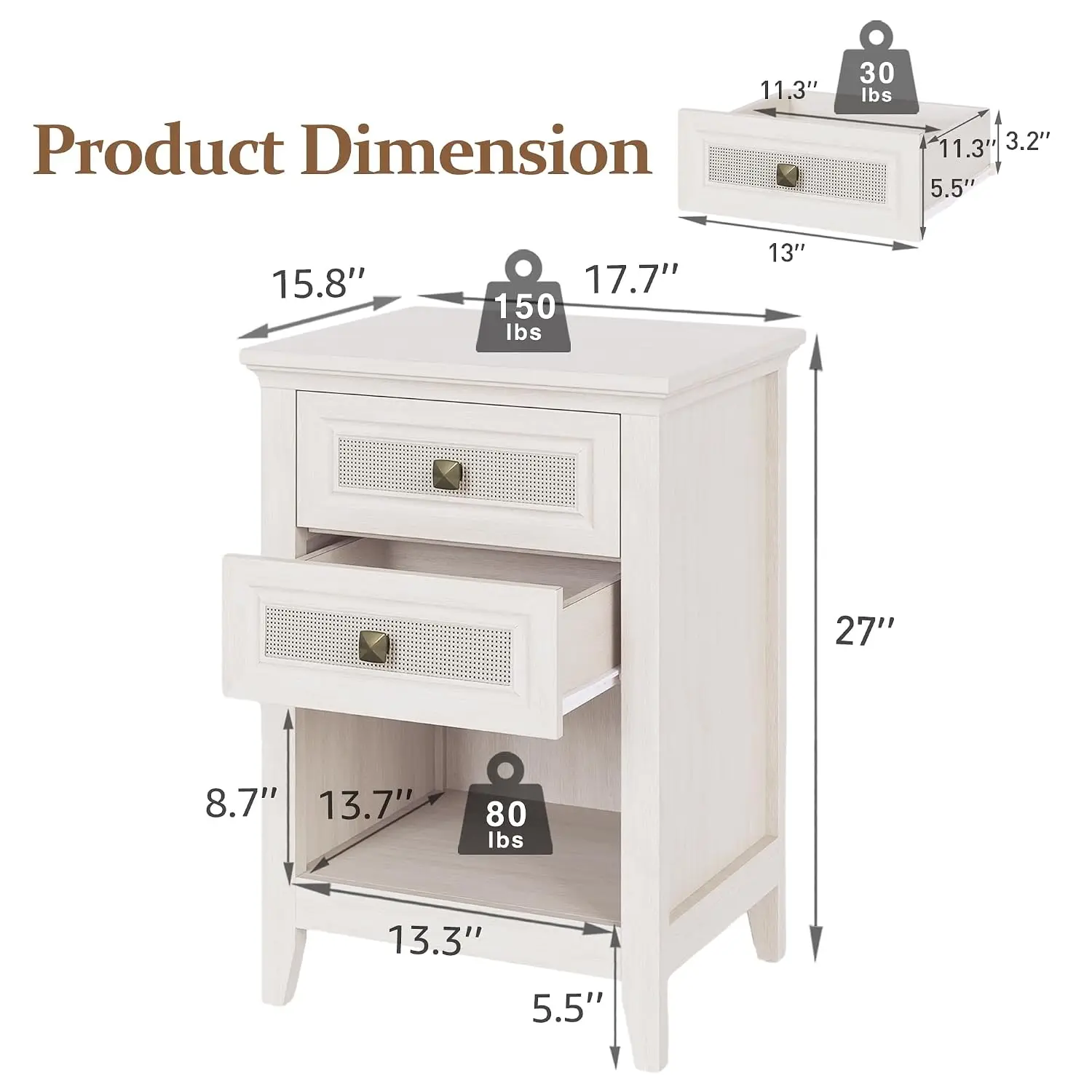 Rattan Nightstand Set of 2 with 2 Drawers & Open Shelf, Boho Bedside Table for Bedroom Home Office, Grayish White, Customized