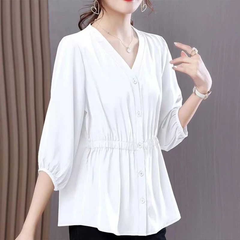 Oversized Three-quarter Sleeved Waistband Chiffon Shirt for Women\'s Spring Summer New Loose Covering Belly Slimming Trendy Top