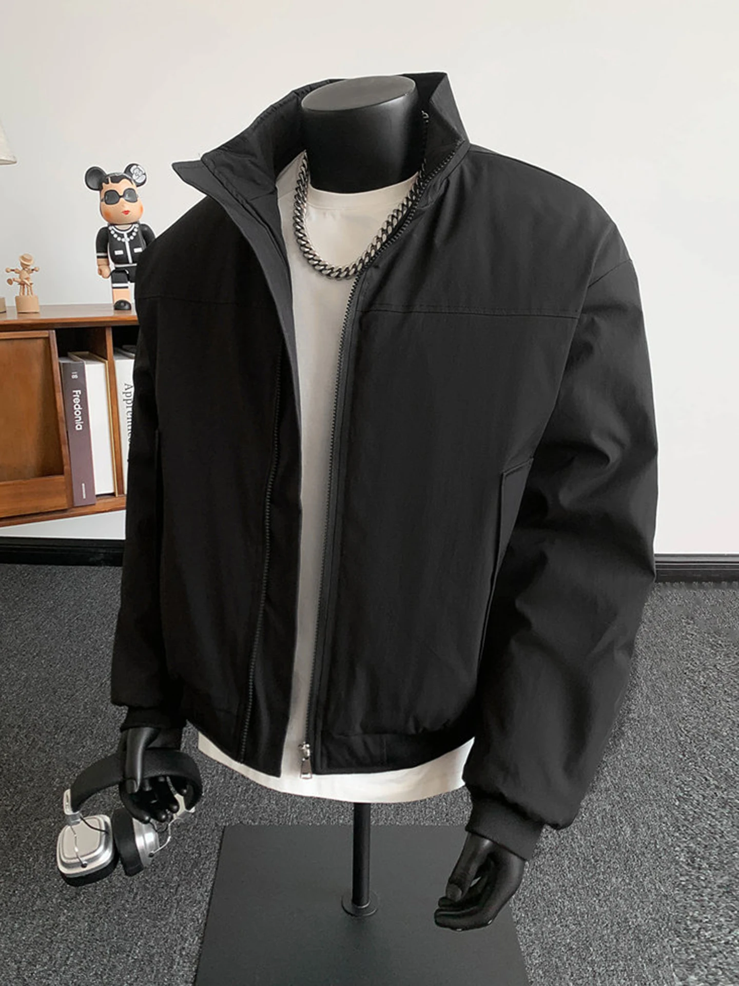 

American Style Shoulder Flight Jacket Cotton Suit Men Autumn Winter Windproof Waterproof Short Stand Collar Baseball Coat