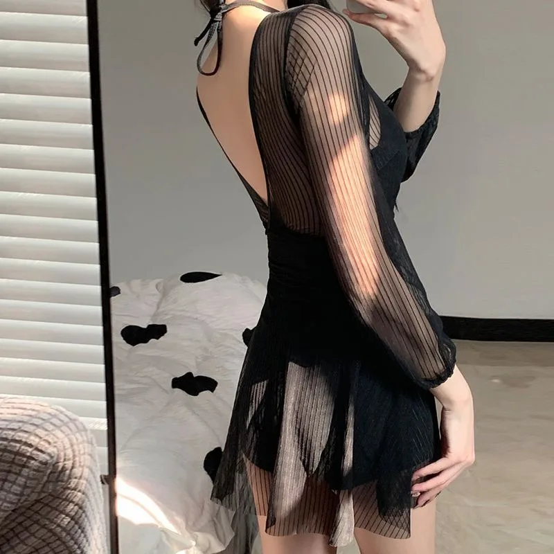 Swimsuit new one-piece skirt style belly cover and thin conservative lace long-sleeved small chest steel tray