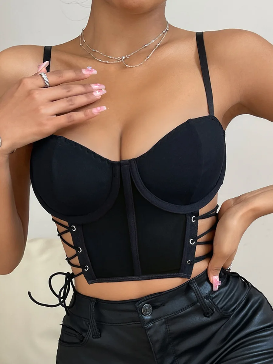 Pure Color Hollowed out Cross Laced Crop Top Women's Street Sle Slim Fit Vest Open Belly Design ort Length Summer Faion