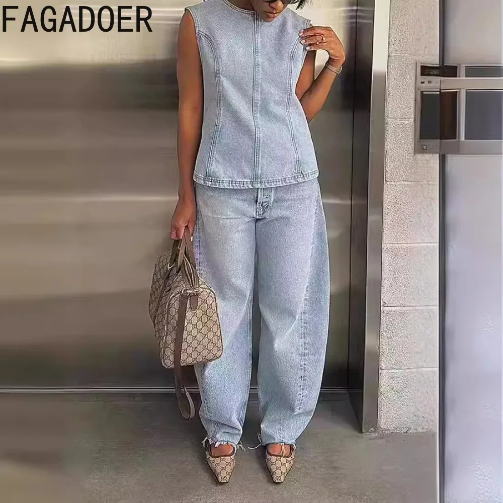 FAGADOER Blue Autumn Solid Color Denim Two Piece Sets Women Round Neck Sleeveless Loose Top And Wide Leg Pants Outfit Streetwear