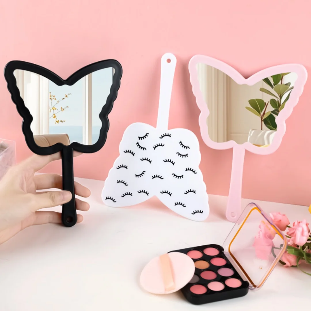 蝶の形をした手持ち鏡、高精細携帯鏡、女の子用化粧鏡、つけまつげハンドル付き鏡