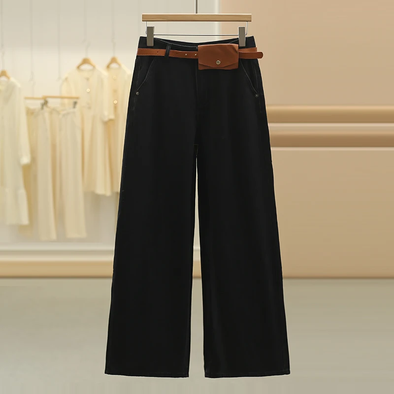 

High Waist Straight Leg Loose Wide Leg Jeans Slimming Effect Casual Pants Belt Ready to Wear Autumn Collection Pure Color