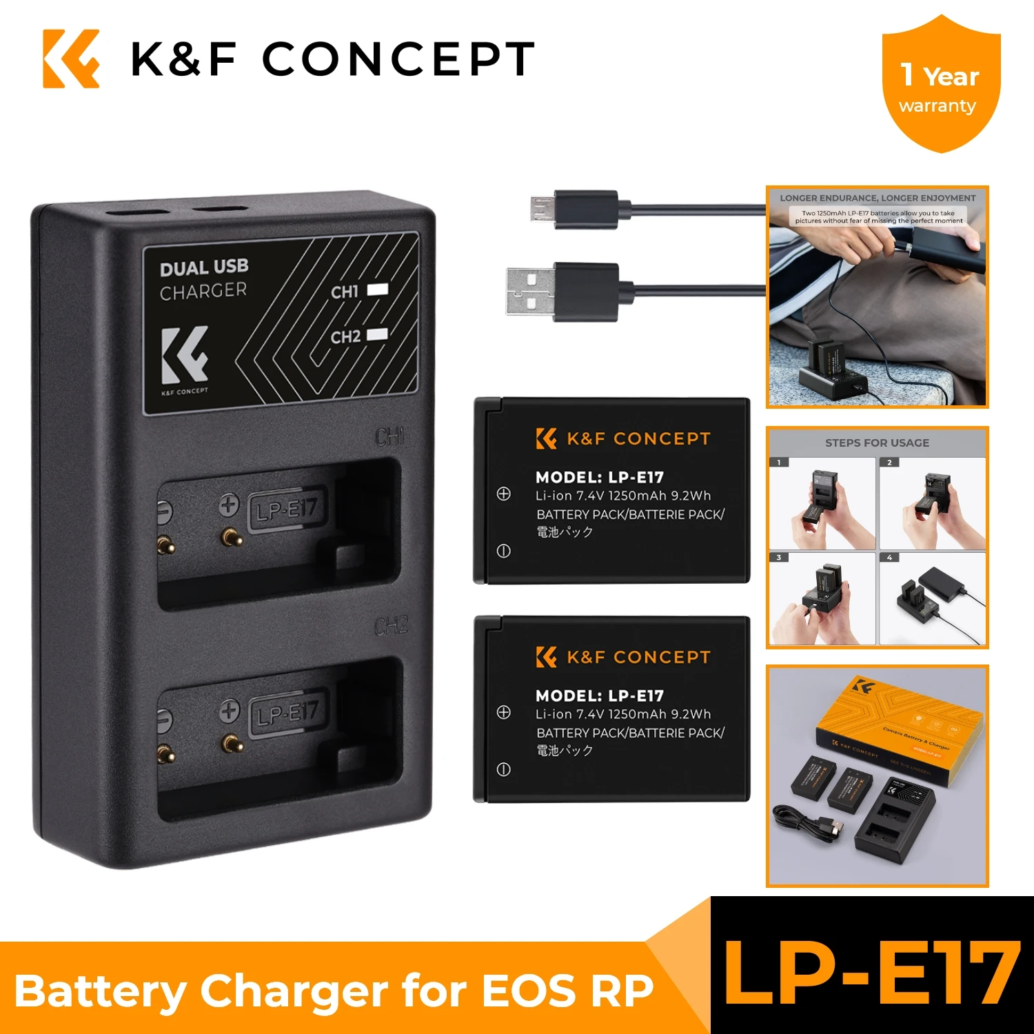 K&F Concept LP-E17 Battery and Dual USB Charger for Canon EOS R100 R8 R50 RP R10 Rebel T8i T7i T6i T6s SL2 SL3 EOS M3 M5 Cameras