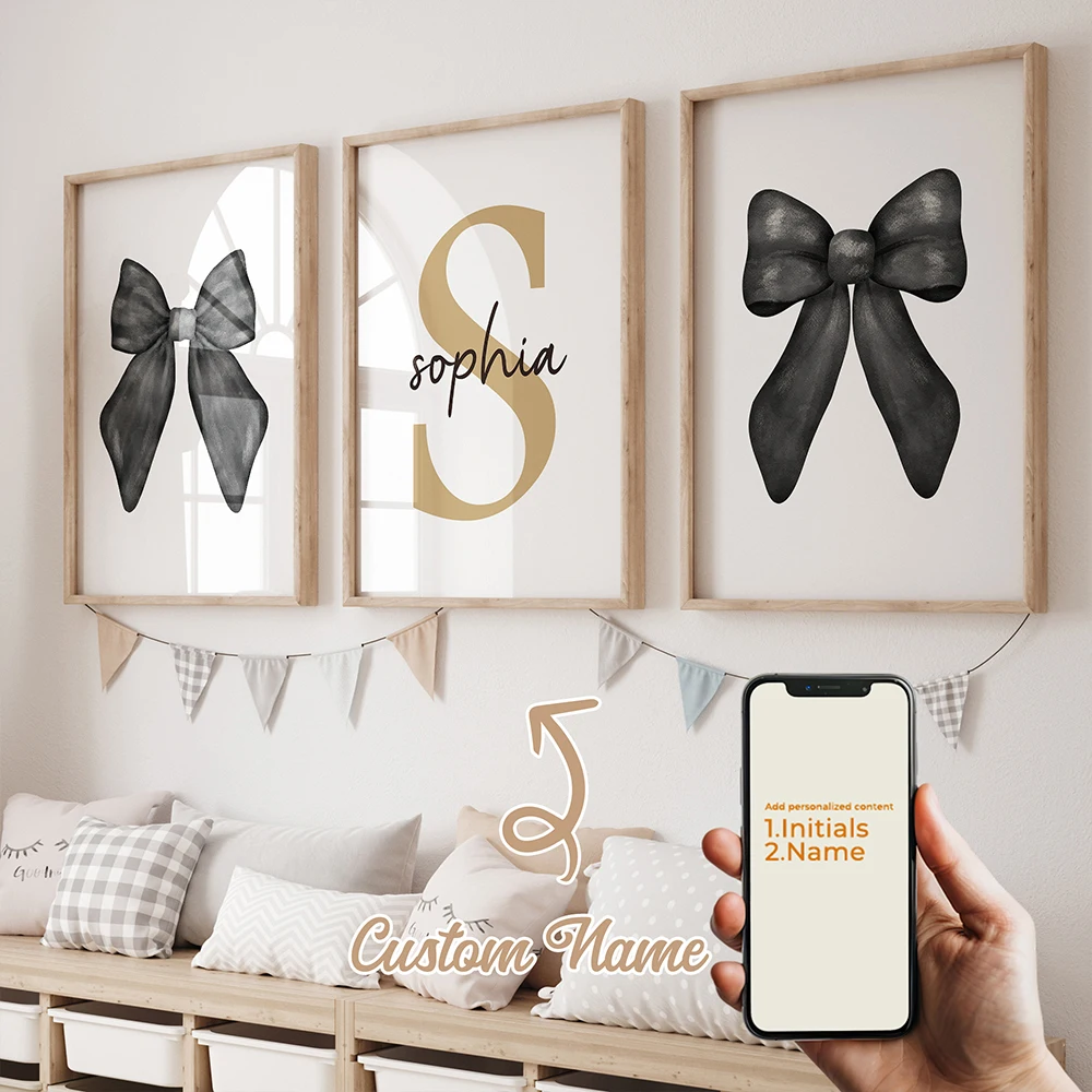 

3pcs Personalized Custom Name Cartoon Child Bow Tie Wall Art Print Picture Canvas Poster Painting For Living Room Home Decor
