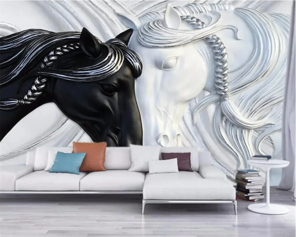 Custom wallpaper 3d fashion black and white double horse relief background wall outheast Asia Thai Indian style elephant murals