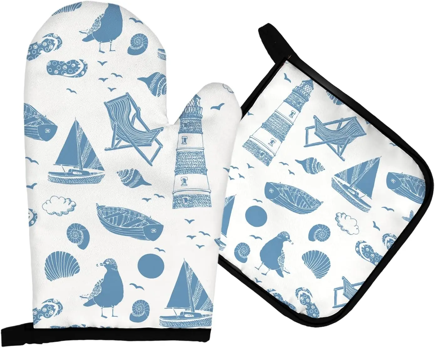 Nautical Lighthouses Sailboat Oven Mitts and Pot Holders Sets, Beach House Heat Resistant Potholder Kitchen Decor for Cooking