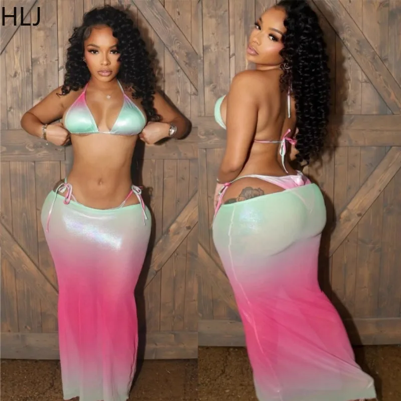 

HLJ Sexy Mesh Gradient Print Bodycon 3 Piece Set Women Lace-Up Halter Bra Tops + Briefs+Long Skirts Vacation Beach Style Outfits