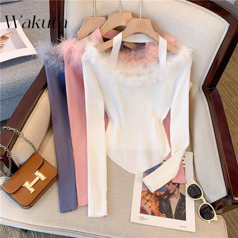 WAKUTA Autumn Winter Chic Hairy Collar Exposed Collarbone Pure Desire Hottie Knit Sweater One-shoulder Slim Tops Female Clothing