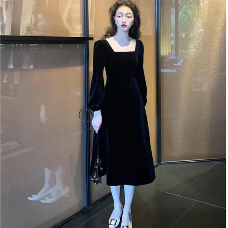 

Solid Velvet Women Long Dress Autumn Winter Square Collar Puff Full Sleeve Dress Lady Elegant Dress Vestidos clothes for women