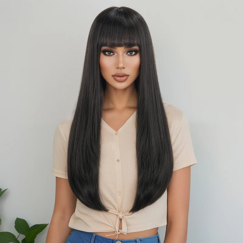 

Black long straight wig full headpiece female simulation hair air bangs fluffy natural fashion daily full wig hairpiece