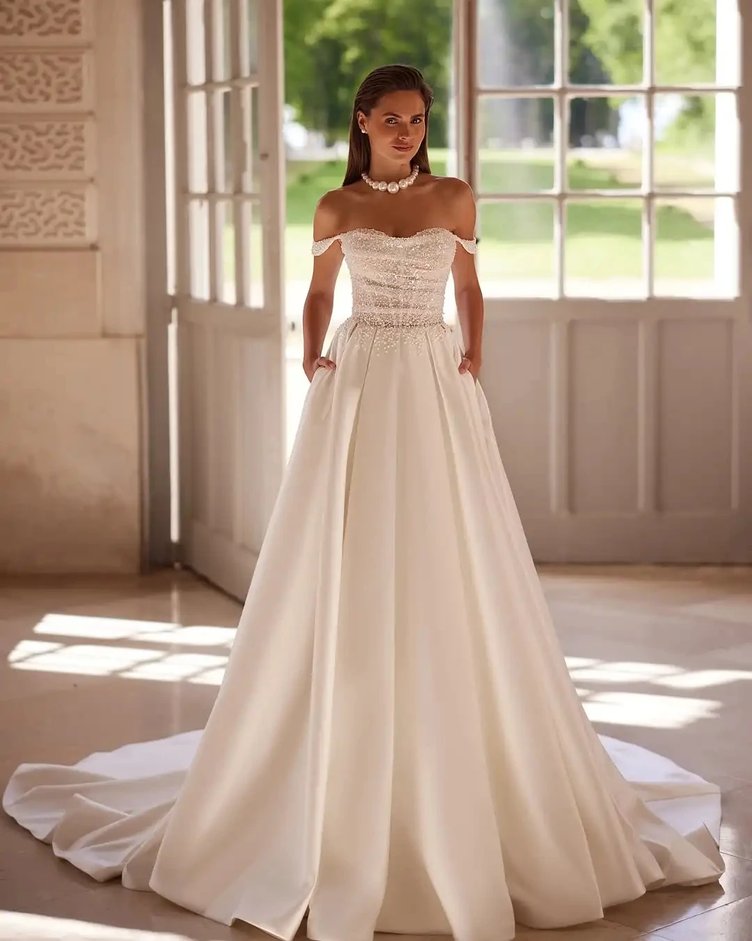 فستان زفاف أنيق على شكل حرف A 2026 قبالة الكتف مطوي ترتر الخرز الساتان الزفاف رداء حفلات العروس Vestidos De Noiva #1