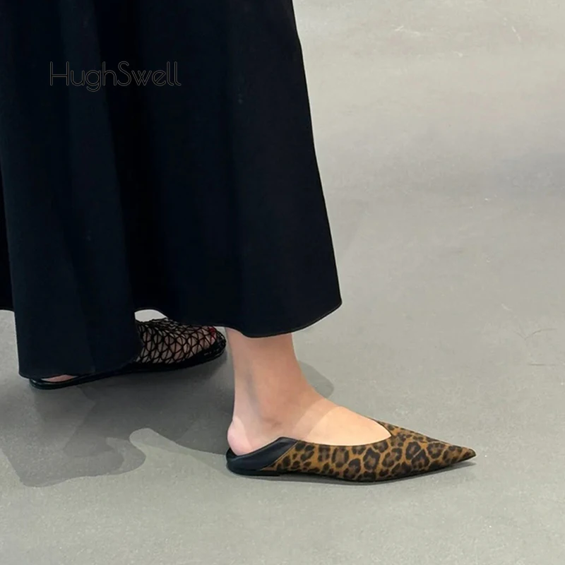 Ballerine a punta con stampa leopardata donna mocassini con tacco morbido retrò Ladies Brand Design Casual Slip-on Mule Zapatos