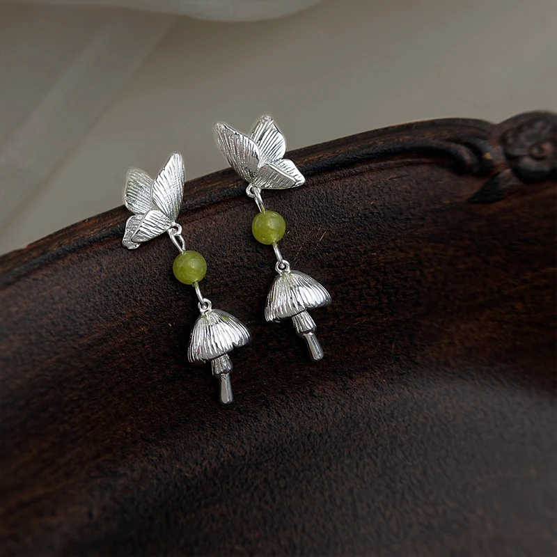 Enchanting Boho-Chic Sweet Butterfly & Mushroom Natural Stone Earrings 925 Silver Pin Women's Dainty Jewelry