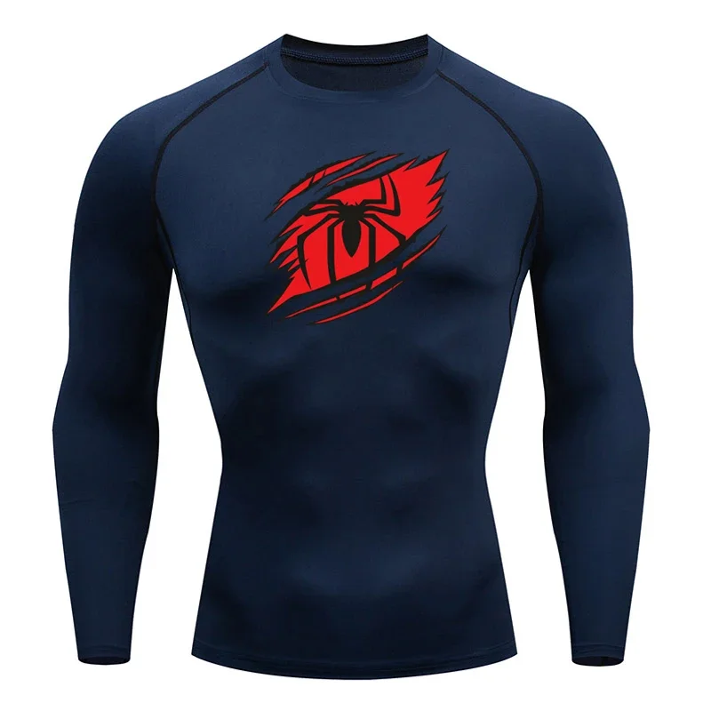 Y2K GYM Compression Tshirts Sport Workout Spider Print T-shirts Mens Running Fitness Tight Long Sleeve Sportswear Top Tee