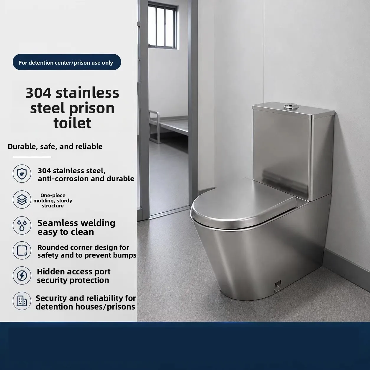 Stainless Steel Toilet with Water Tank, Prison Public Toilet Toilet, Thickened 304 Stainless Steel Toilet