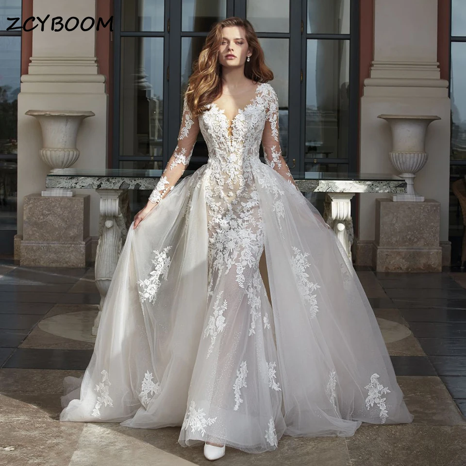 Elegant Lace Appliques Detachable Train 2 In 1 Mermaid Wedding Dresses 2026 Long Sleeves Scoop Neck Bridal Gown Vestido De Novia