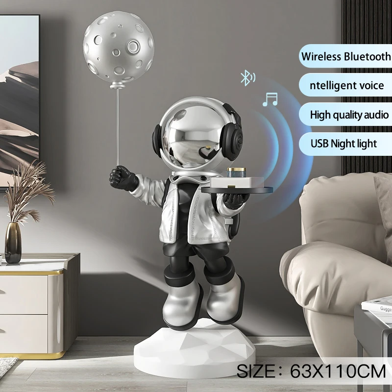 Astronaut Art Statue for Living Room, Nordic Sculpture, Home Accessories with Tray, Wireless Bluetooth Speaker, Floor Decoration