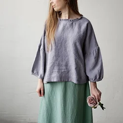 Retro Linen Women T-Shirt Casual Loose O-Neck Ruffles Long Sleeve Tees Spring Autumn Basic Tops Shirts Mujer Camisetas