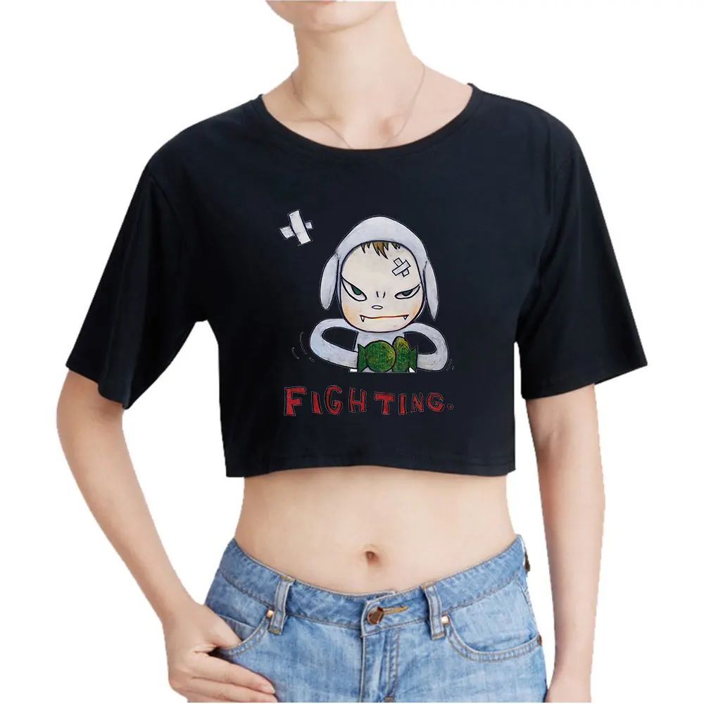 Yoshitomo Nara fight it out Vintage 90s Crop Top Exposed Navel T-Shirt Oversize O-Neck Tops Funny Tshirt Top Women