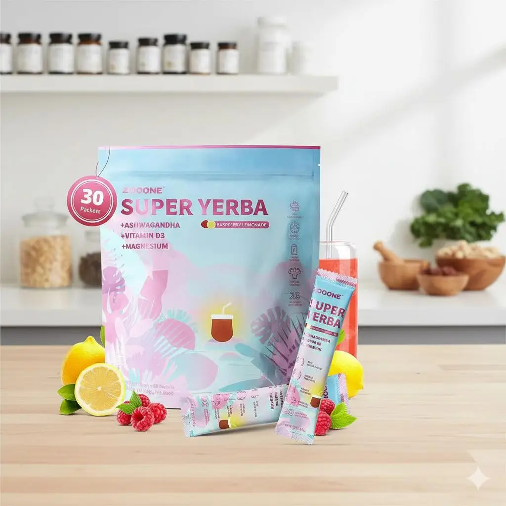 Super Yerba Aswagandha magnesio vitamina D bebida energía Boost frambuesa limonada sabor energía limpia enfoque Boost soporte intestinal