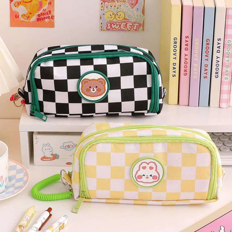 Kawaii Pencil Case Large Capacity Ins Style Checkerboard Pencil Bags Korean Aesthetic Stationery for Students Office Supplies