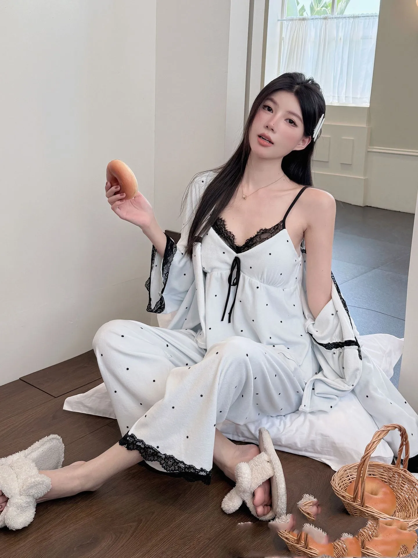 Chinese Style Velvet Pajamas 3PCS Set Elegant Polka Dot Sleepwear Cardigan Trouser Suits Female Loungewear Homewear