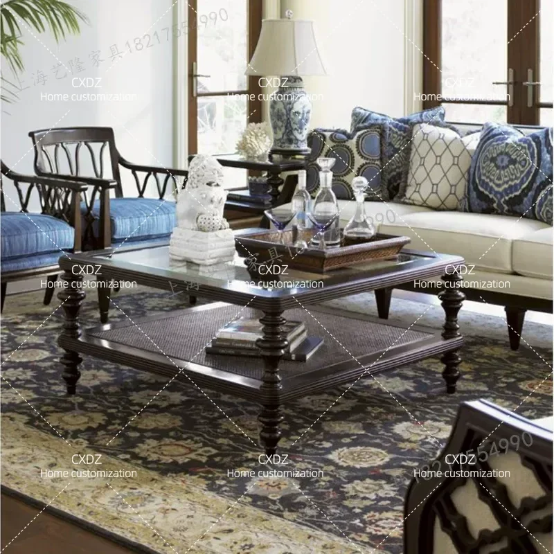Retro Solid Wood Column Rattan Art Tempered Glass Coffee Table Living Room Sofa Side Table High End Custom Furniture