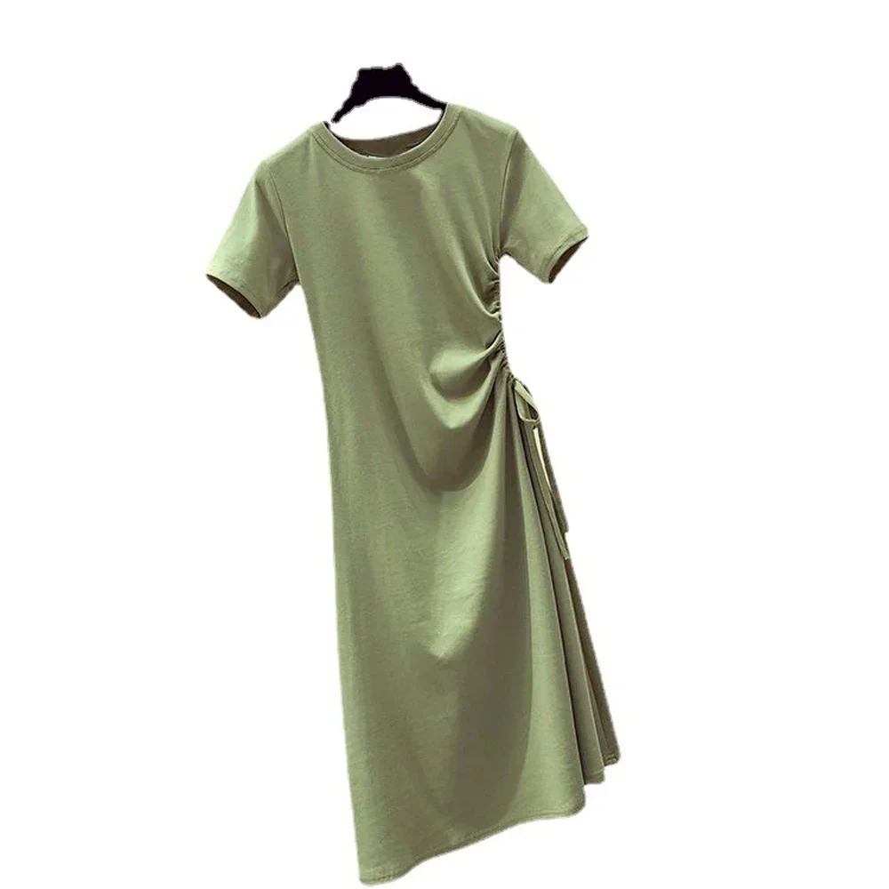 夏の新しい女性スリムソリッド Tシャツドレスレディ O ネック半袖シャーリングレースアッププリーツ Vestidos