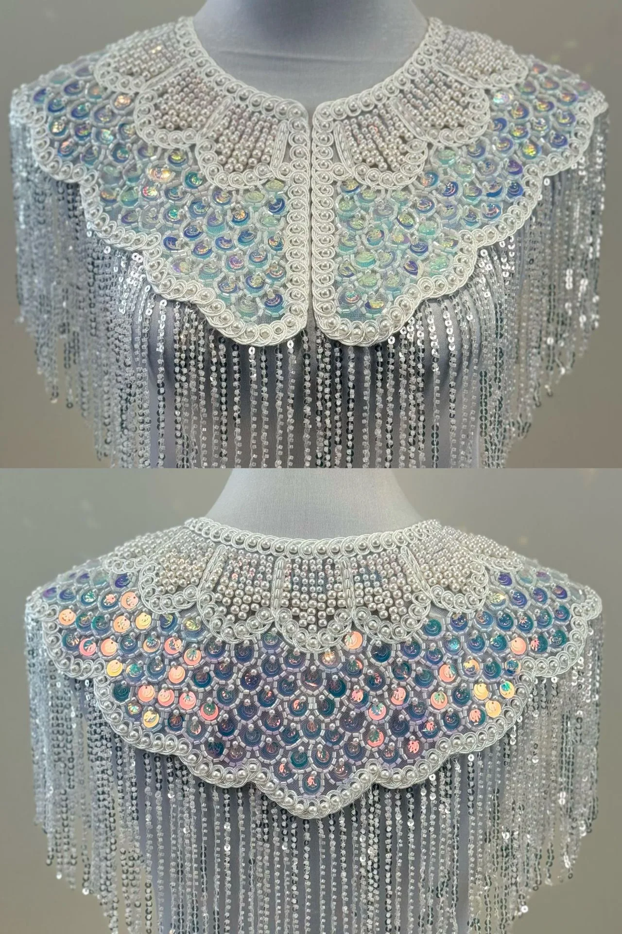 Handgefertigter Schal mit Perlen und langen Fransen, Abendkleid-Umhang, hochwertiges Bankett- und Partykleid, Jacke, Abendkleid, Schwalbenschwanz-Mantel – Detail 4