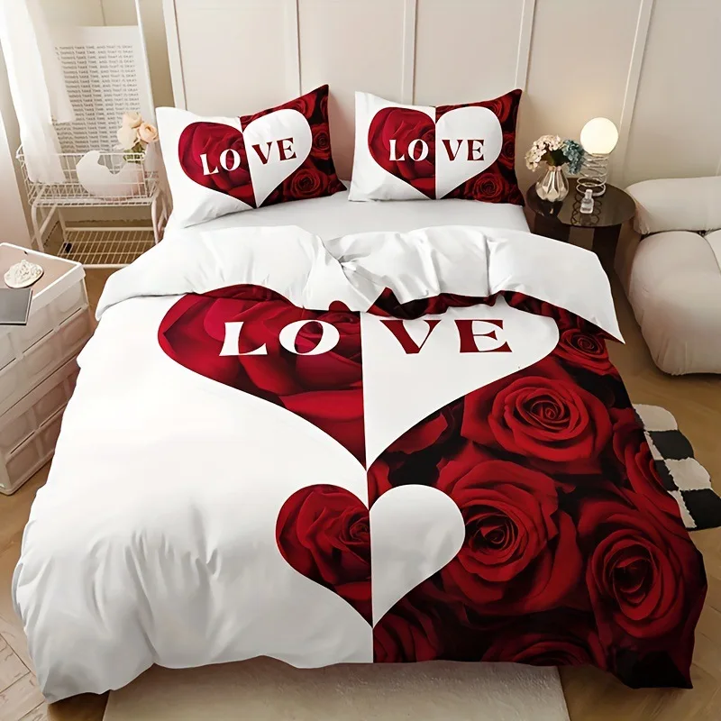 Red Rose Duvet Cover Set King Size, Red And White Comforter Cover Sets With Zipper Closure, Romantic Hearts Lover Bedding Set