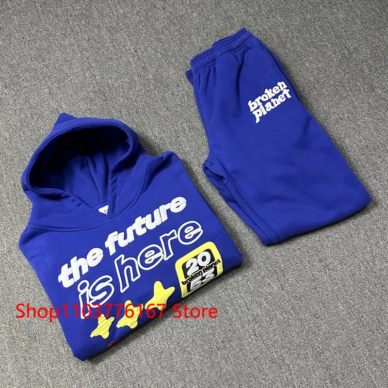 

24ss Broken Planet Hoodies Casual Pants High Quality Foam Letter Star Print Blue Hoody Set Men Women Loose Sweatshirts