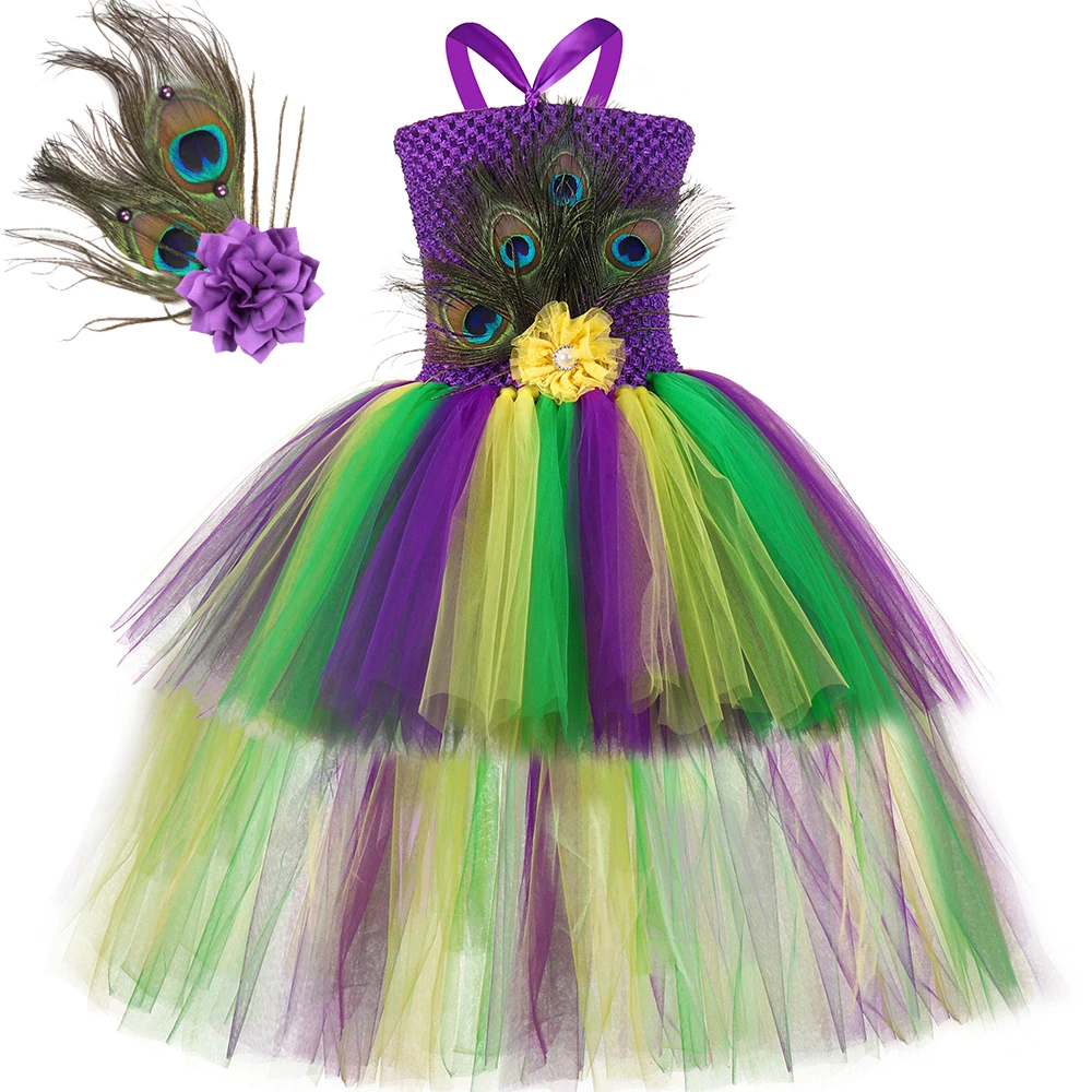 Bloemen Pauwenveren Kostuums Meisjes Kerst Trailing Jurken voor Kinderen Verjaardagsfeestje Outfit Prinses Lange Tutu's met Staart