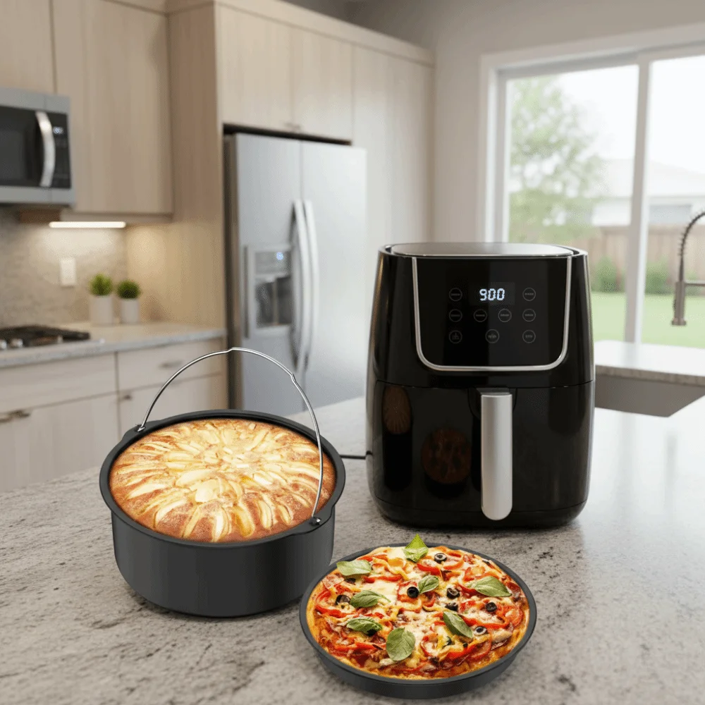 6/7/8/9 بوصة مقلاة هوائية مجموعة مقلاة خبز غير لاصقة من الفولاذ الكربوني صينية خبز سوداء مع مقبض مقلاة هوائية وعاء دجاج مشوي