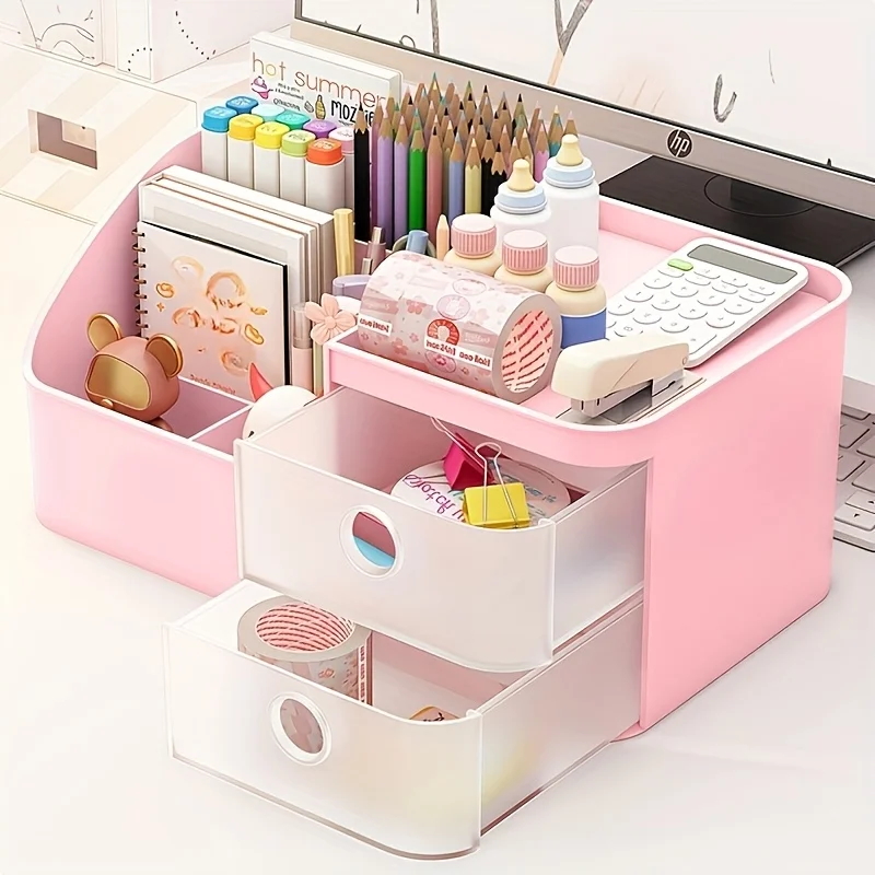 Desk Organizer Pen Holder with Drawers Large Multi Grid Partition Stationery Makeup Organizer for Student Office Bedroom